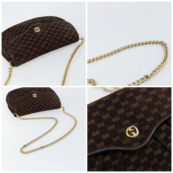 GUCCI Micro GG Canvas Chain Shoulder Bag Suede Brown Gold Auth BA6560 - Picture 16 of 16